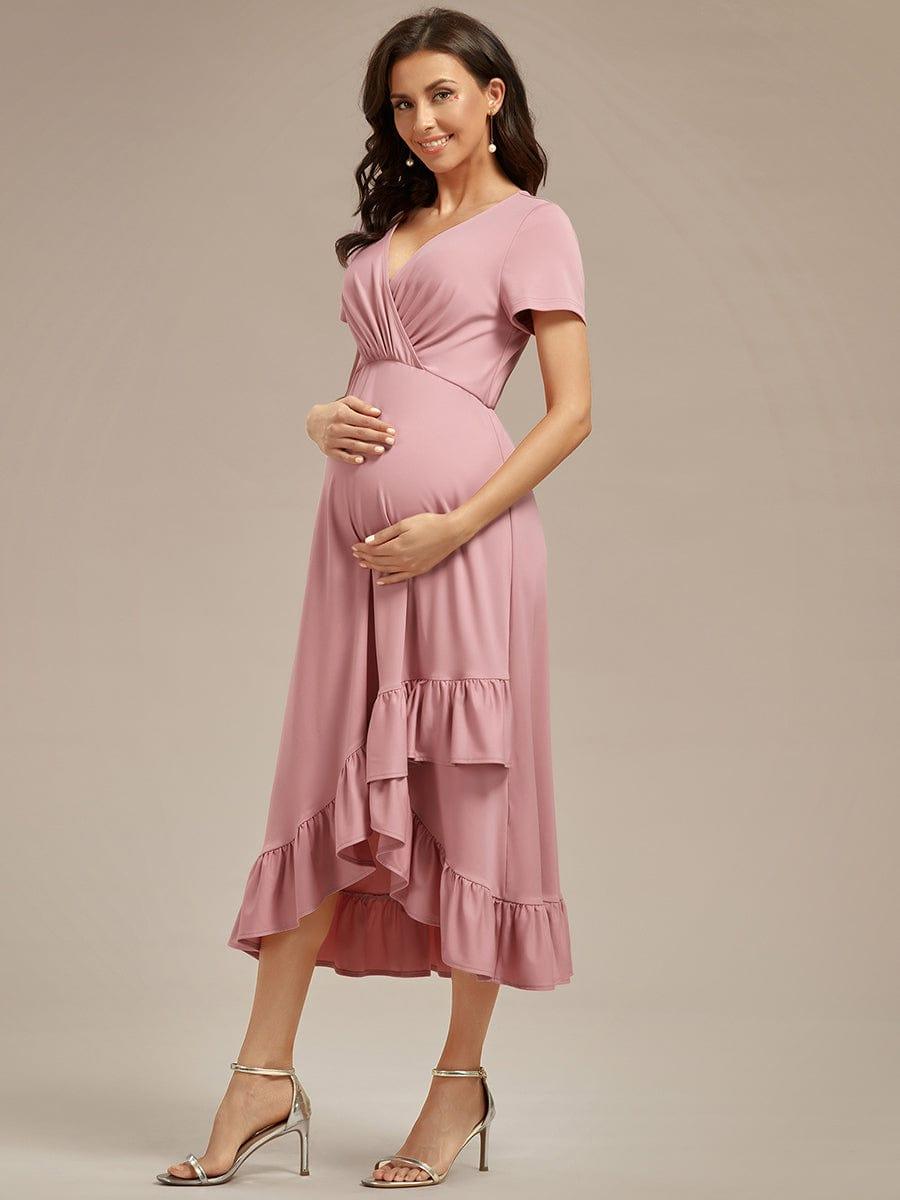 Ruffles High Low Hemline V-Neck High Stretch Maternity Dress #color_Dusty Rose Ruffles High Low Hemline V-Neck High Stretch Maternity Dress