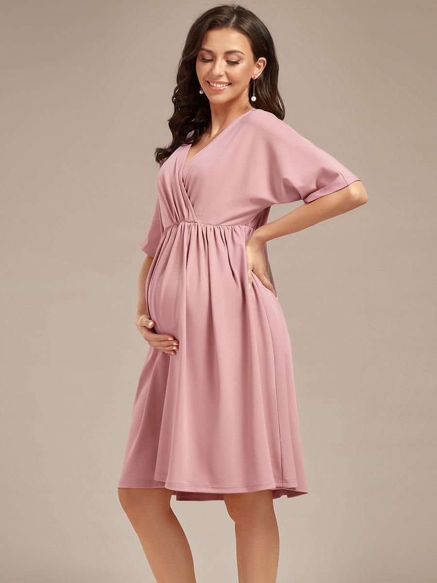 Loose V-Neck Half Sleeve Knee Length Maternity Dress #color_Navy Blue Loose V-Neck Half Sleeve Knee Length Maternity Dress