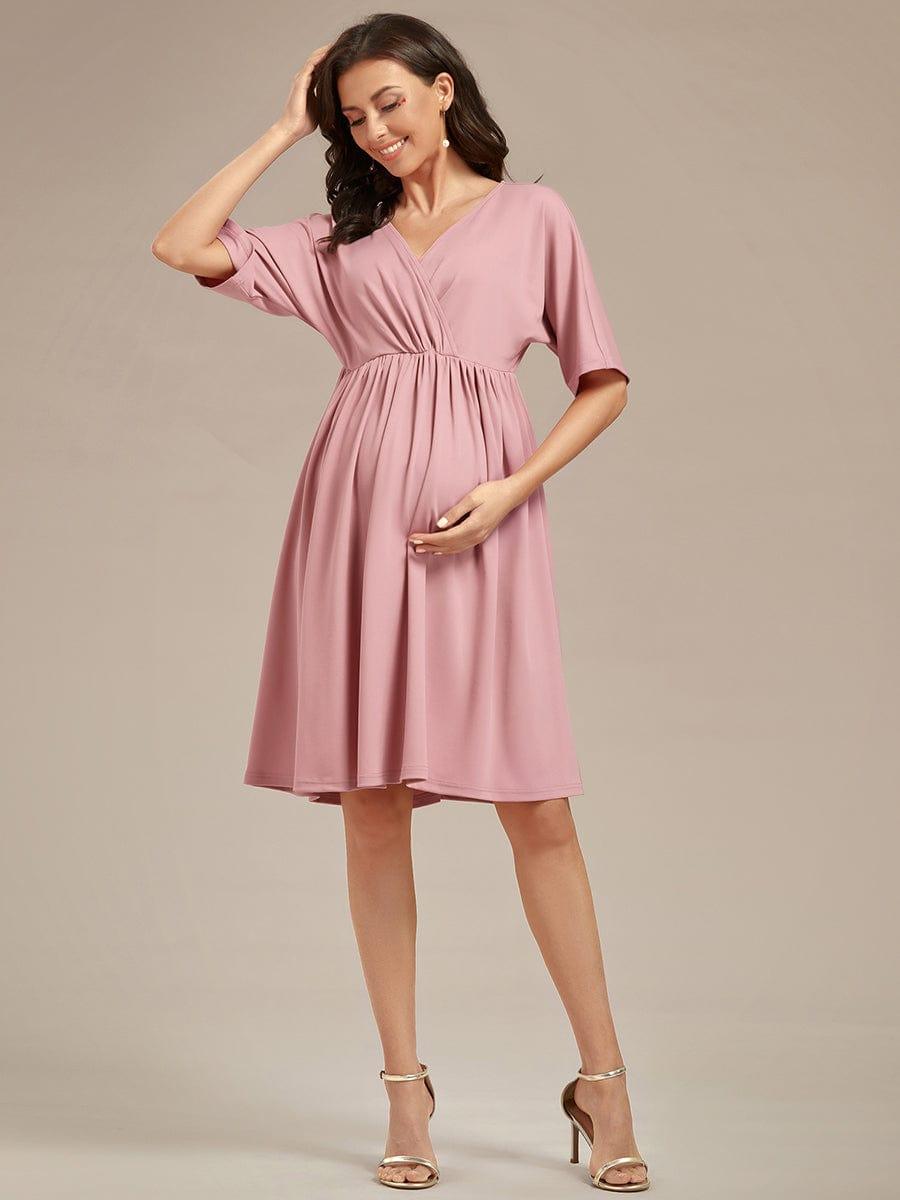Loose V-Neck Half Sleeve Knee Length Maternity Dress #color_Navy Blue Loose V-Neck Half Sleeve Knee Length Maternity Dress