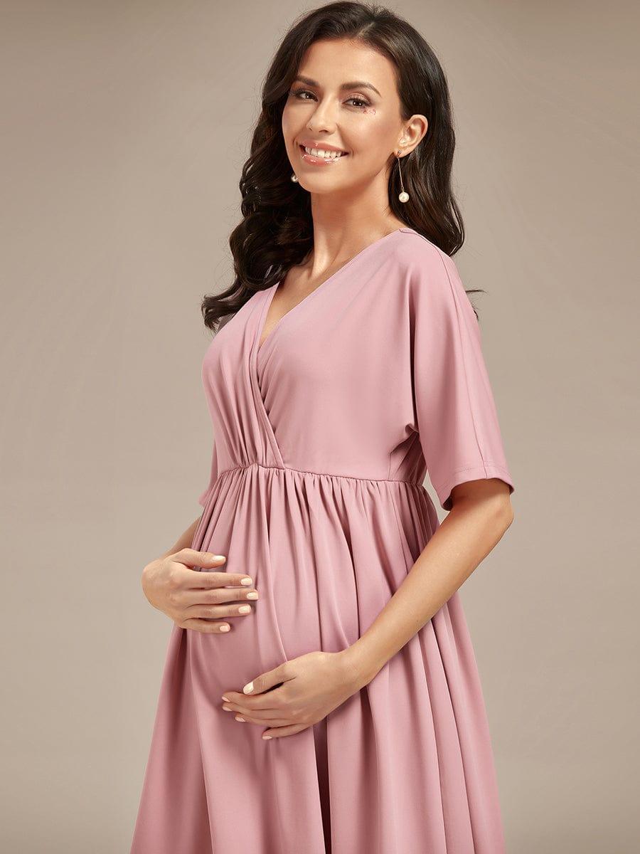 Loose V-Neck Half Sleeve Knee Length Maternity Dress #color_Navy Blue Loose V-Neck Half Sleeve Knee Length Maternity Dress