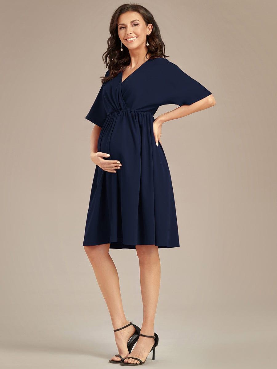 Loose V-Neck Half Sleeve Knee Length Maternity Dress #color_Navy Blue Loose V-Neck Half Sleeve Knee Length Maternity Dress