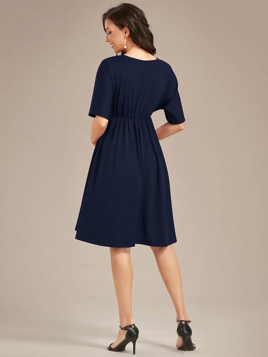 Loose V-Neck Half Sleeve Knee Length Maternity Dress #color_Navy Blue Loose V-Neck Half Sleeve Knee Length Maternity Dress