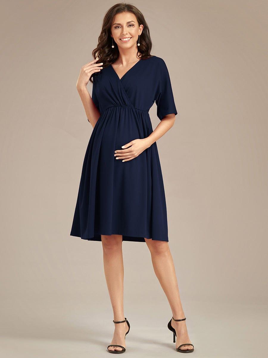 Loose V-Neck Half Sleeve Knee Length Maternity Dress #color_Navy Blue Loose V-Neck Half Sleeve Knee Length Maternity Dress