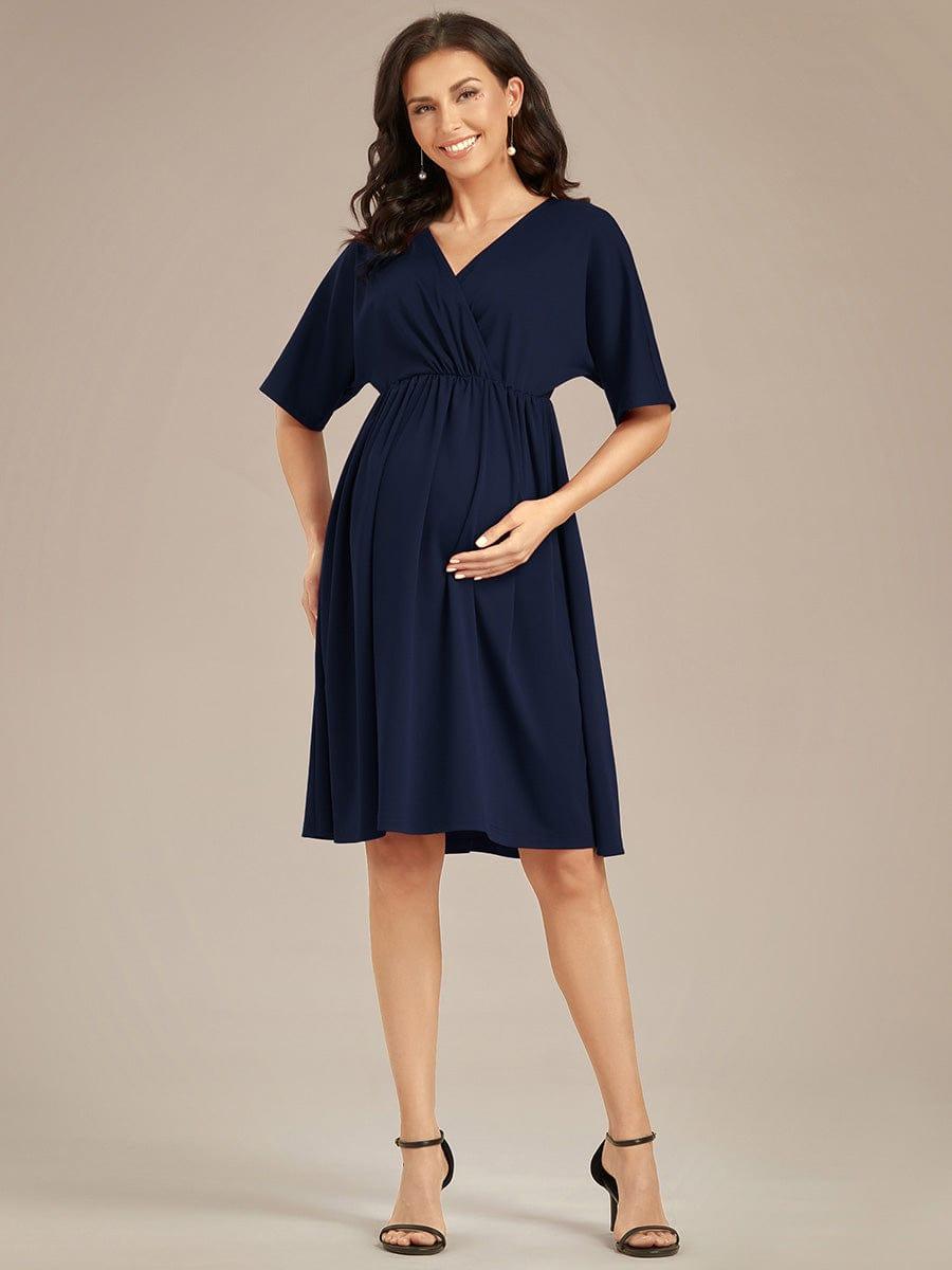 Loose V-Neck Half Sleeve Knee Length Maternity Dress #color_Navy Blue Loose V-Neck Half Sleeve Knee Length Maternity Dress