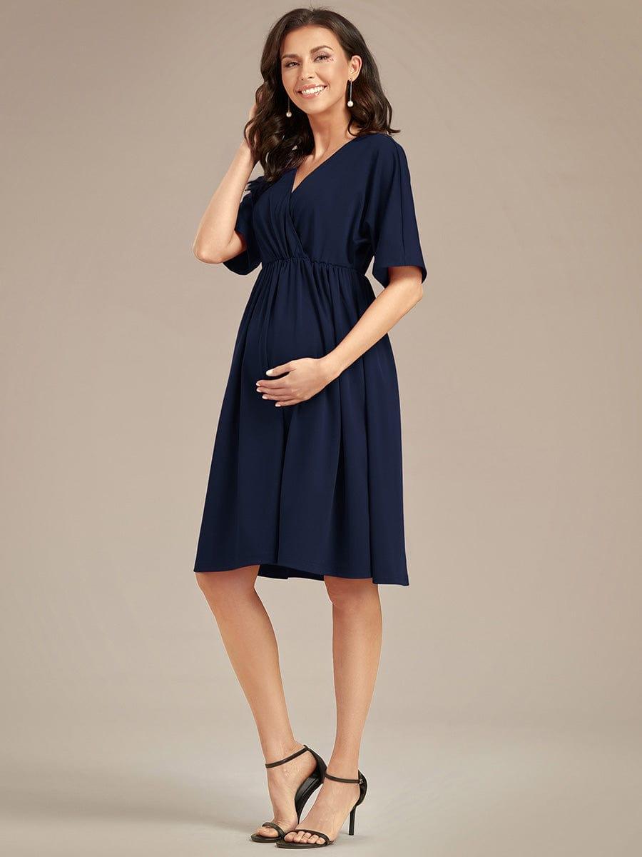 Loose V-Neck Half Sleeve Knee Length Maternity Dress #color_Navy Blue Loose V-Neck Half Sleeve Knee Length Maternity Dress