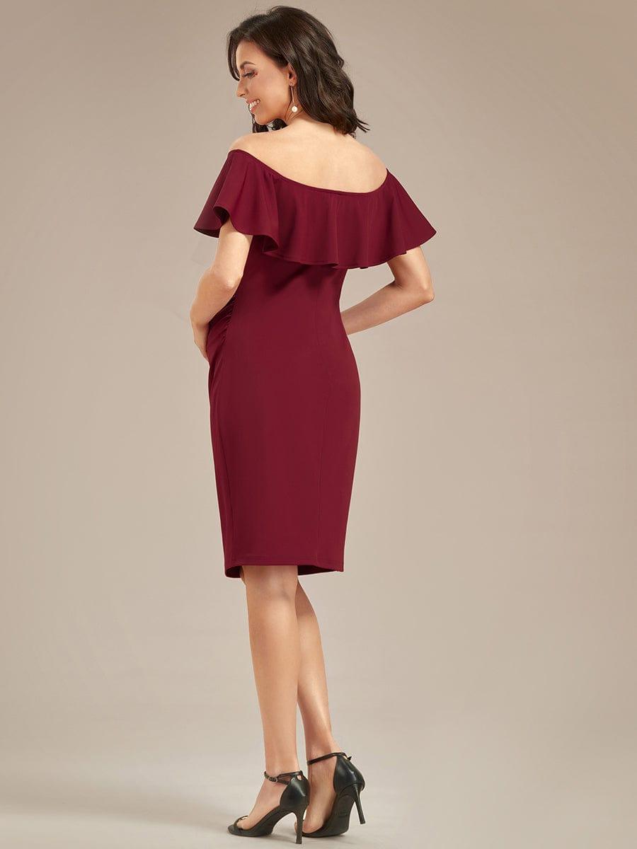 Elegant Ruffle Off-The-Shoulder Bodycon Midi Maternity Dress #color_Burgundy Elegant Ruffle Off-The-Shoulder Bodycon Midi Maternity Dress