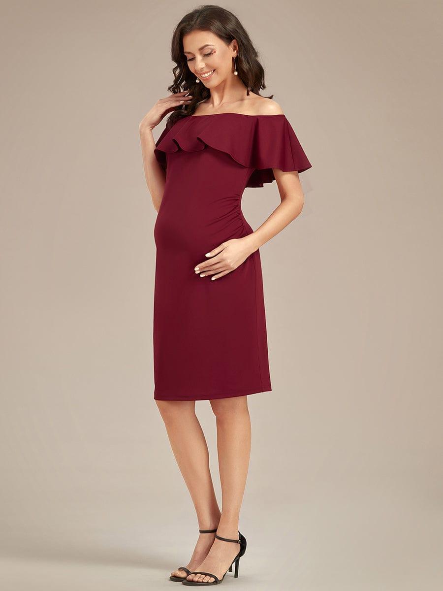 Elegant Ruffle Off-The-Shoulder Bodycon Midi Maternity Dress #color_Burgundy Elegant Ruffle Off-The-Shoulder Bodycon Midi Maternity Dress