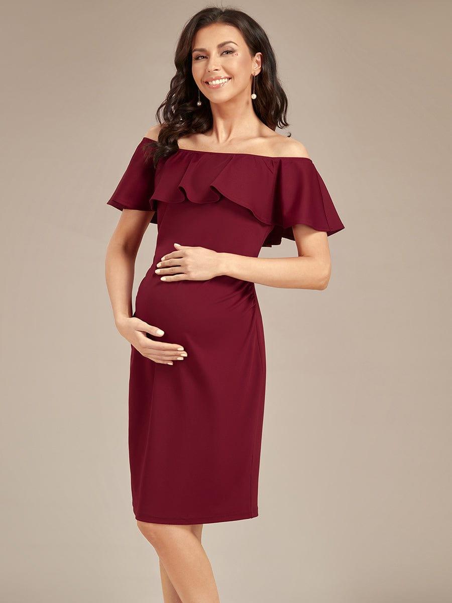 Elegant Ruffle Off-The-Shoulder Bodycon Midi Maternity Dress #color_Burgundy Elegant Ruffle Off-The-Shoulder Bodycon Midi Maternity Dress
