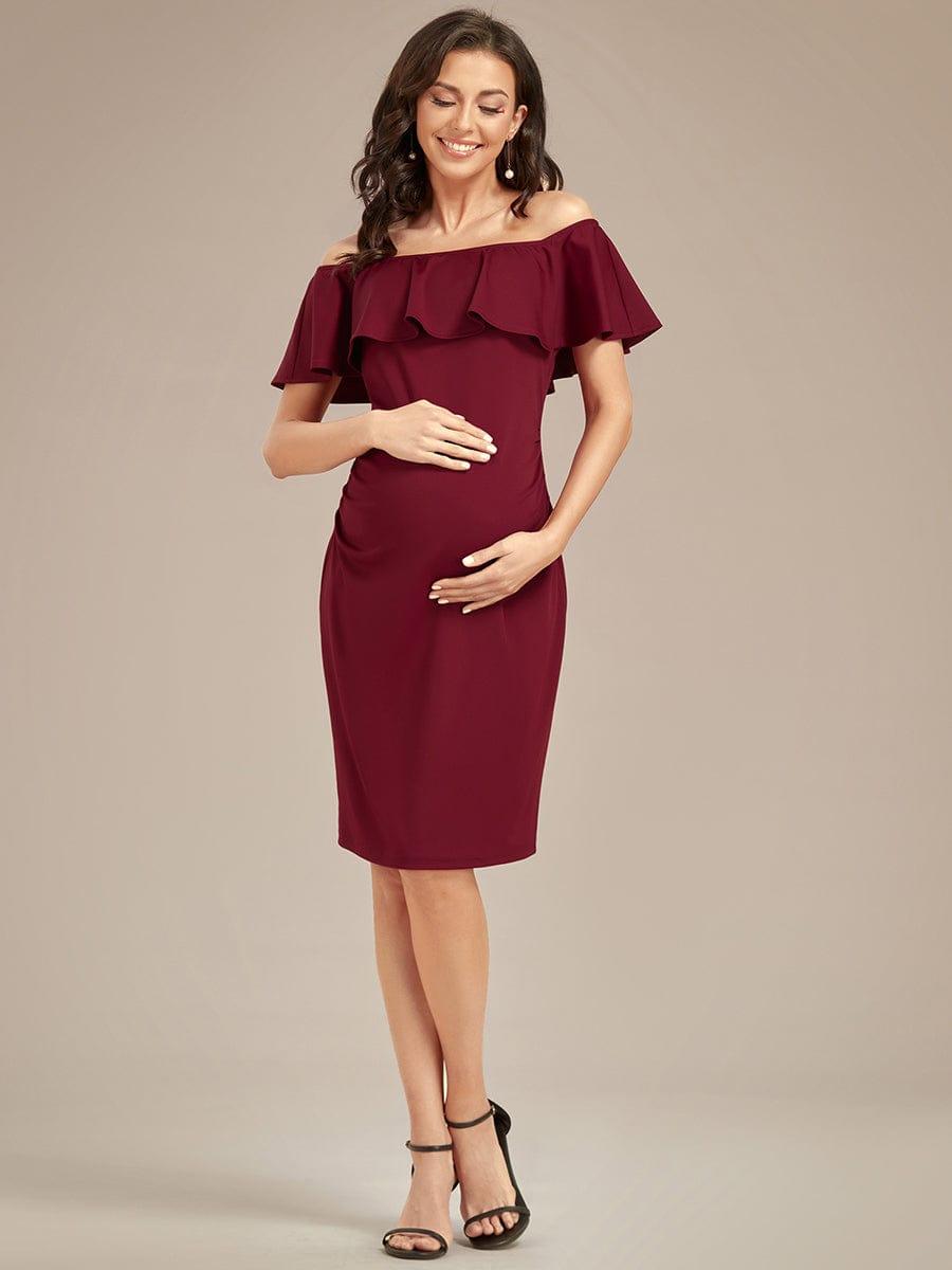 Elegant Ruffle Off-The-Shoulder Bodycon Midi Maternity Dress #color_Burgundy Elegant Ruffle Off-The-Shoulder Bodycon Midi Maternity Dress