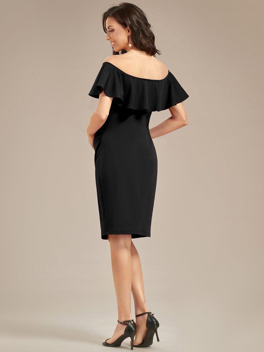 Elegant Ruffle Off-The-Shoulder Bodycon Midi Maternity Dress #color_Burgundy Elegant Ruffle Off-The-Shoulder Bodycon Midi Maternity Dress