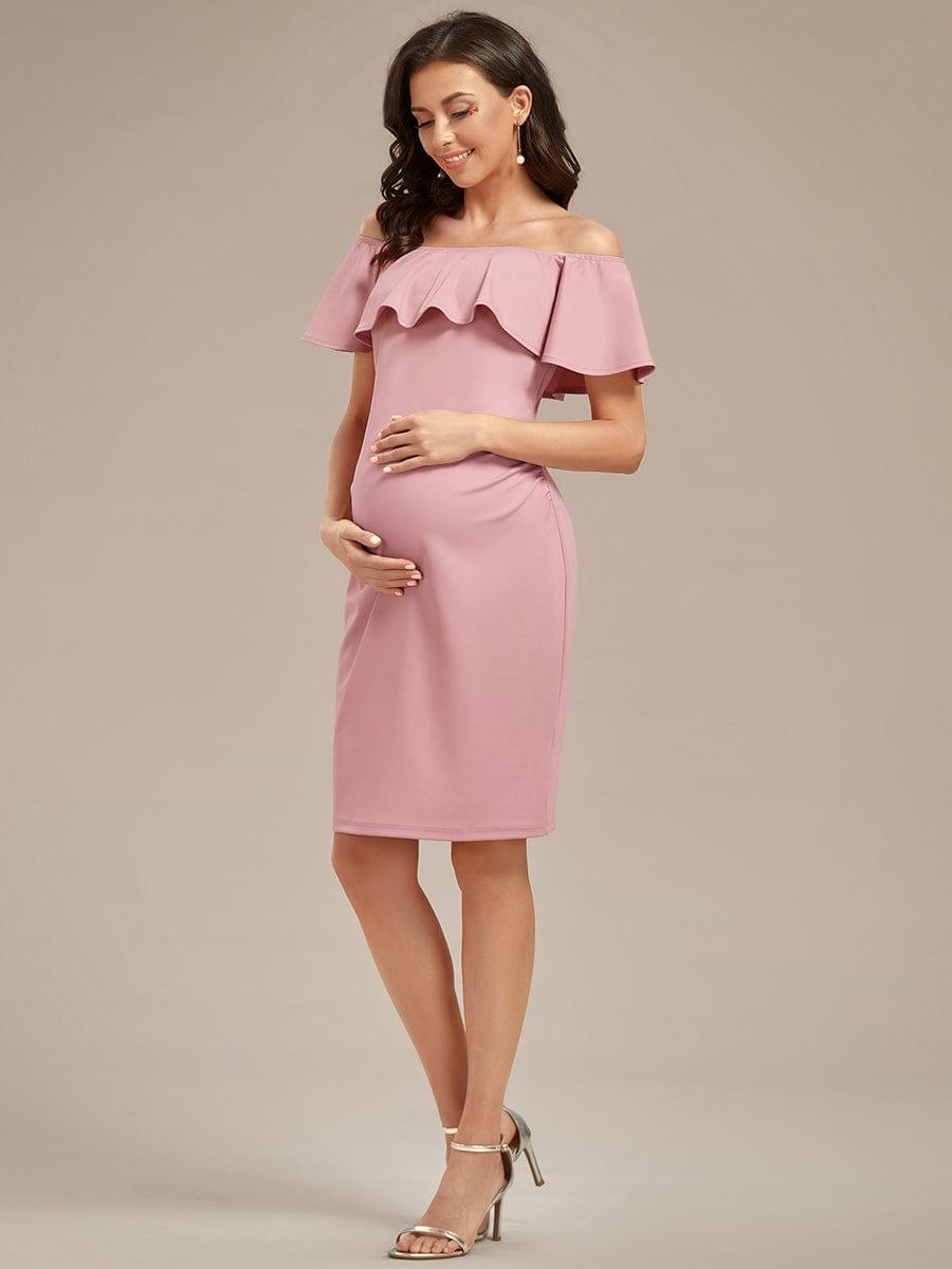 Elegant Ruffle Off-The-Shoulder Bodycon Midi Maternity Dress #color_Burgundy Elegant Ruffle Off-The-Shoulder Bodycon Midi Maternity Dress