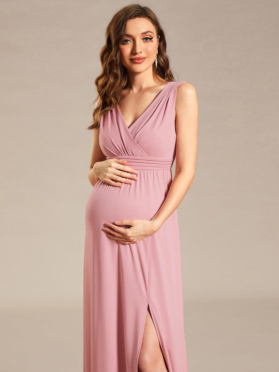 High Slit Sleeveless A-Line Stretchy Maxi Maternity Dress #color_Dusty Rose High Slit Sleeveless A-Line Stretchy Maxi Maternity Dress