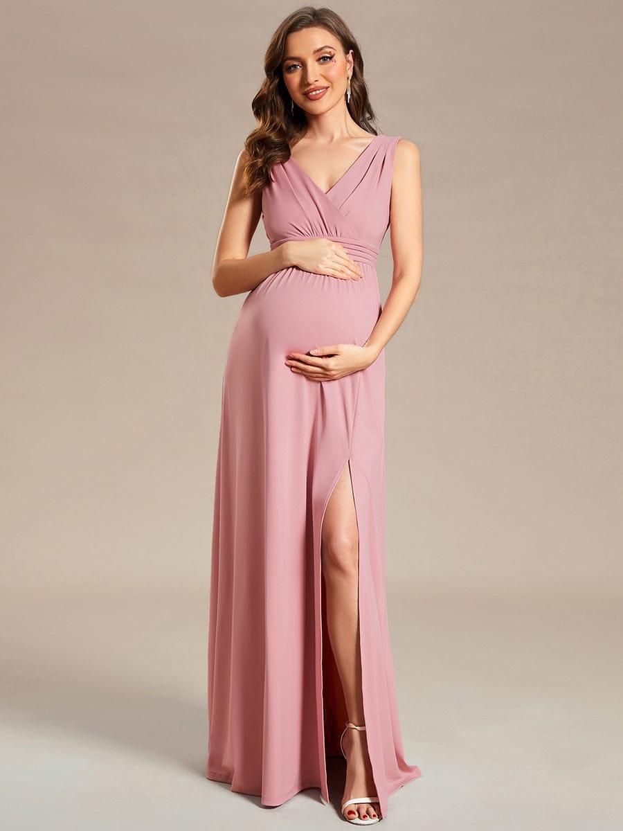 High Slit Sleeveless A-Line Stretchy Maxi Maternity Dress #color_Dusty Rose High Slit Sleeveless A-Line Stretchy Maxi Maternity Dress