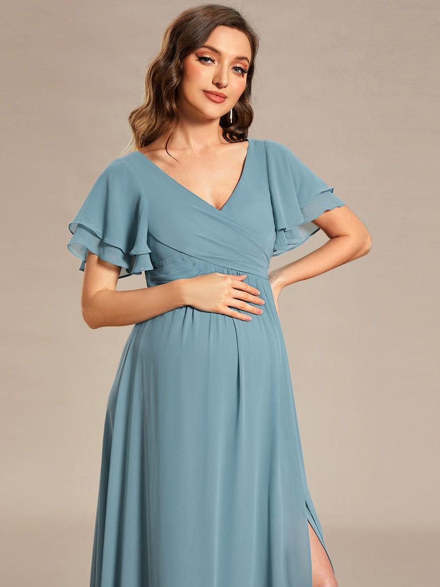 A-Line Ruffles Sleeve Front Slit Pleated Chiffon Maternity Dress #color_Purple Orchid A-Line Ruffles Sleeve Front Slit Pleated Chiffon Maternity Dress