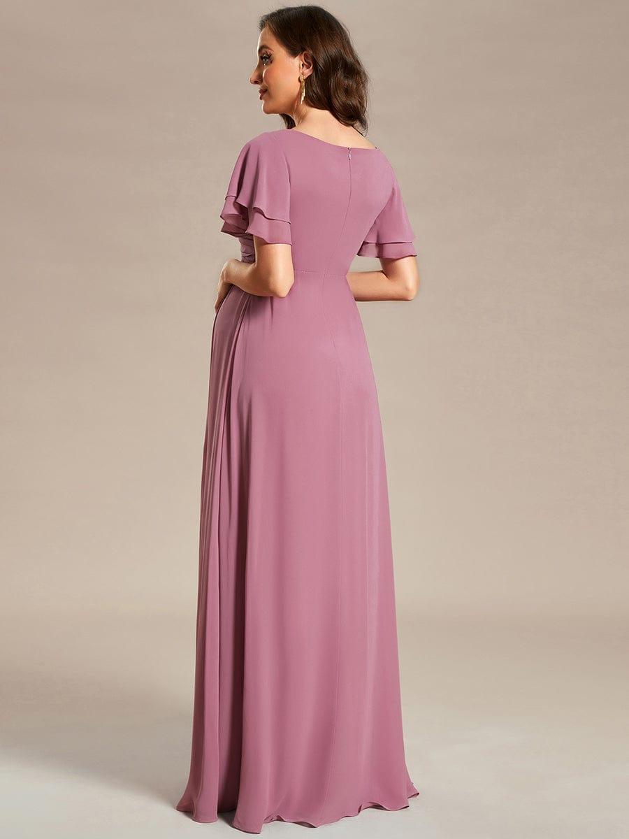 A-Line Ruffles Sleeve Front Slit Pleated Chiffon Maternity Dress #color_Purple Orchid A-Line Ruffles Sleeve Front Slit Pleated Chiffon Maternity Dress