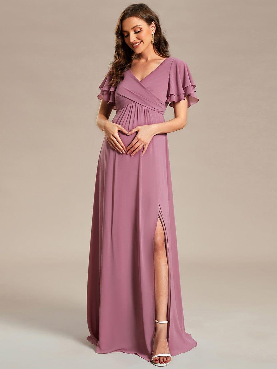 A-Line Ruffles Sleeve Front Slit Pleated Chiffon Maternity Dress #color_Purple Orchid A-Line Ruffles Sleeve Front Slit Pleated Chiffon Maternity Dress