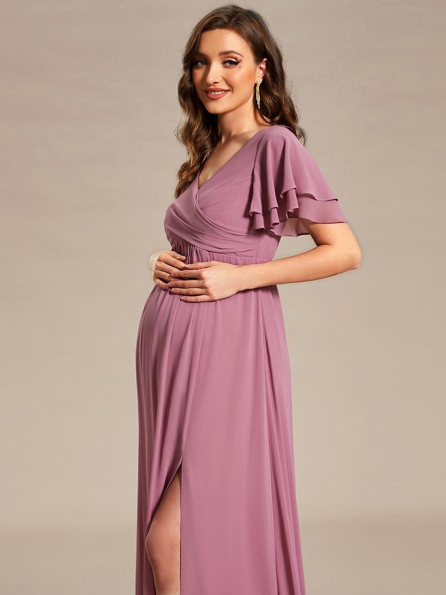 A-Line Ruffles Sleeve Front Slit Pleated Chiffon Maternity Dress #color_Purple Orchid A-Line Ruffles Sleeve Front Slit Pleated Chiffon Maternity Dress
