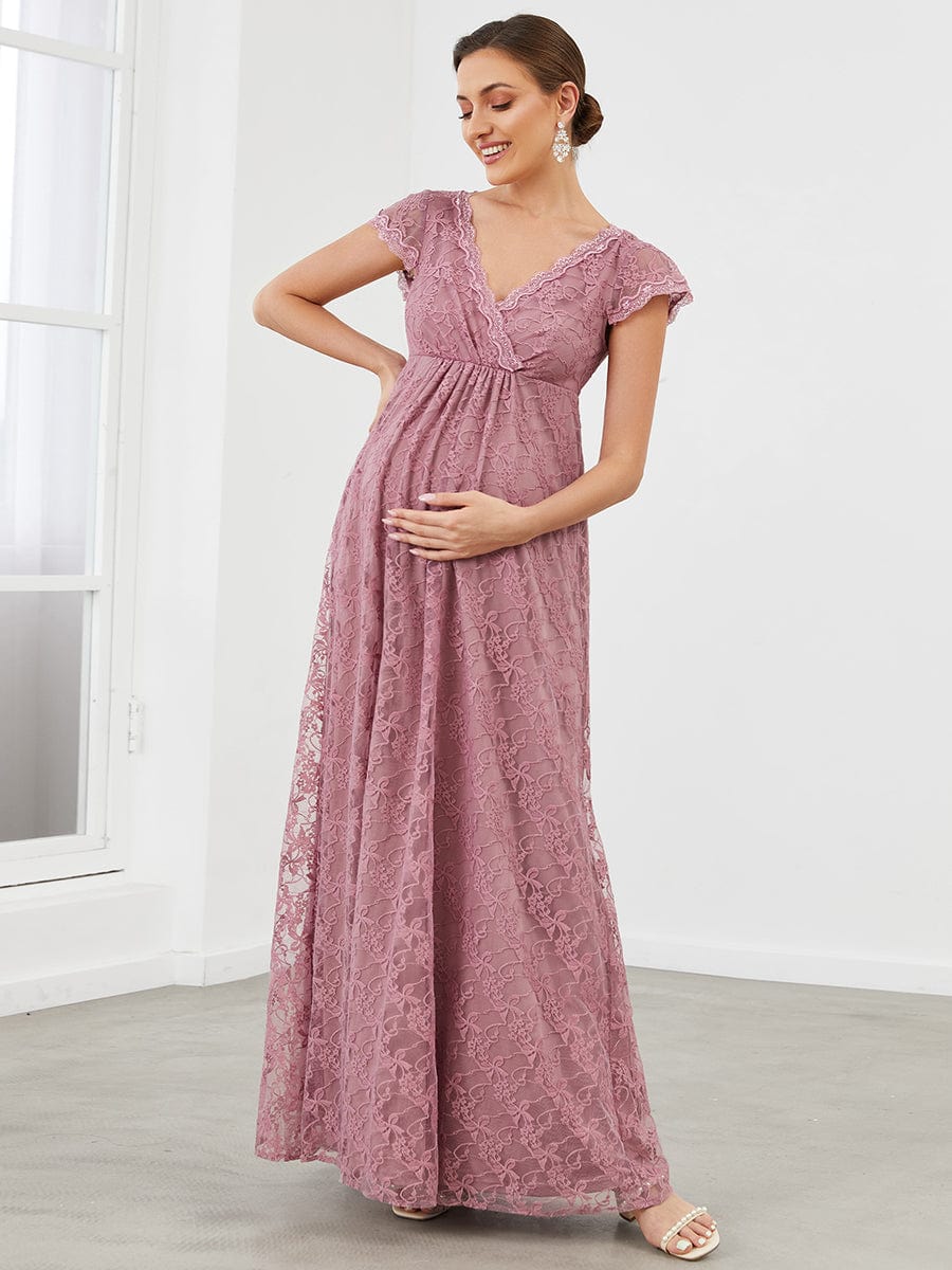 V-Neck Vintage Lace Short Sleeve Maxi Maternity Dress #color_Purple Orchid V-Neck Vintage Lace Short Sleeve Maxi Maternity Dress