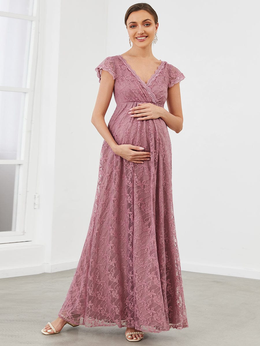 V-Neck Vintage Lace Short Sleeve Maxi Maternity Dress #color_Purple Orchid V-Neck Vintage Lace Short Sleeve Maxi Maternity Dress