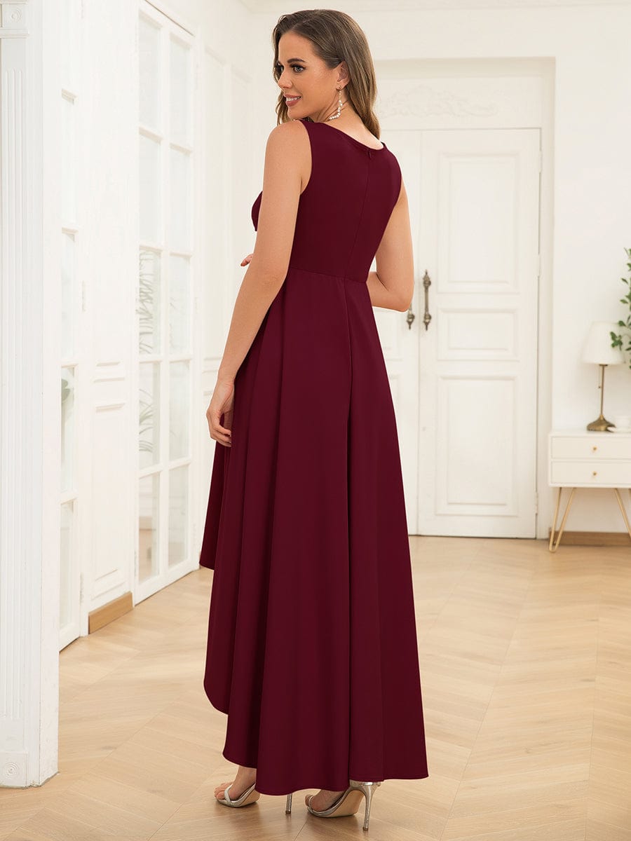 Sleeveless Pleated V-Neck High Low Maternity Dress #color_Burgundy Sleeveless Pleated V-Neck High Low Maternity Dress