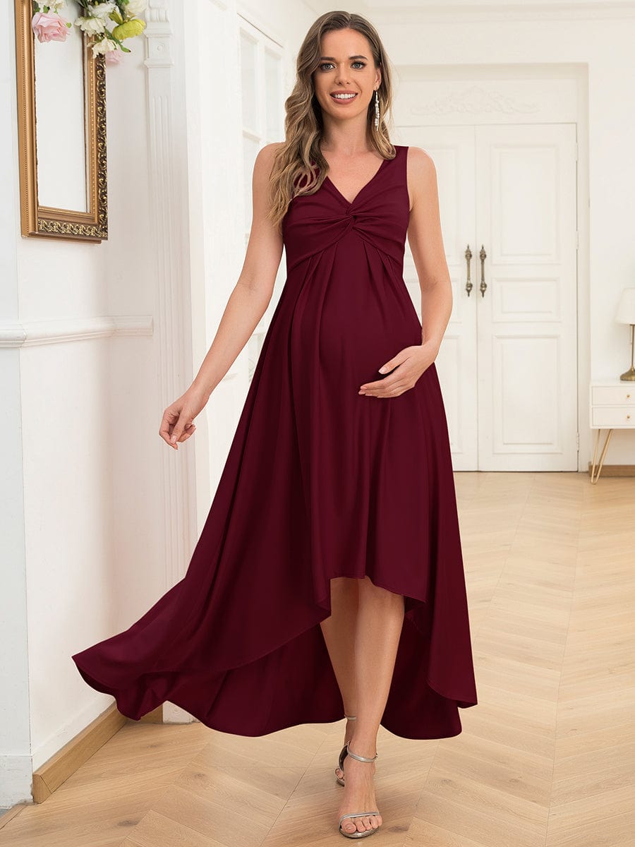Sleeveless Pleated V-Neck High Low Maternity Dress #color_Burgundy Sleeveless Pleated V-Neck High Low Maternity Dress