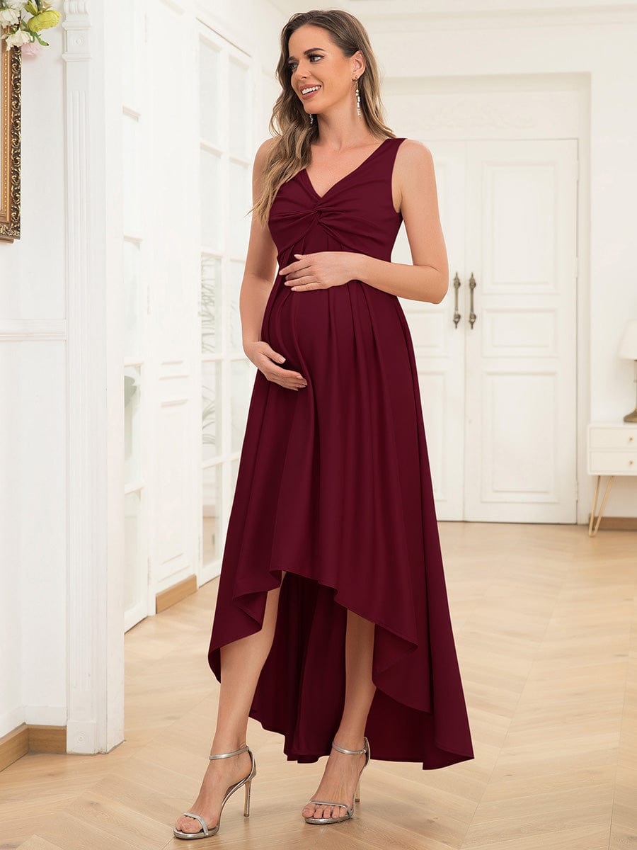 Sleeveless Pleated V-Neck High Low Maternity Dress #color_Burgundy Sleeveless Pleated V-Neck High Low Maternity Dress