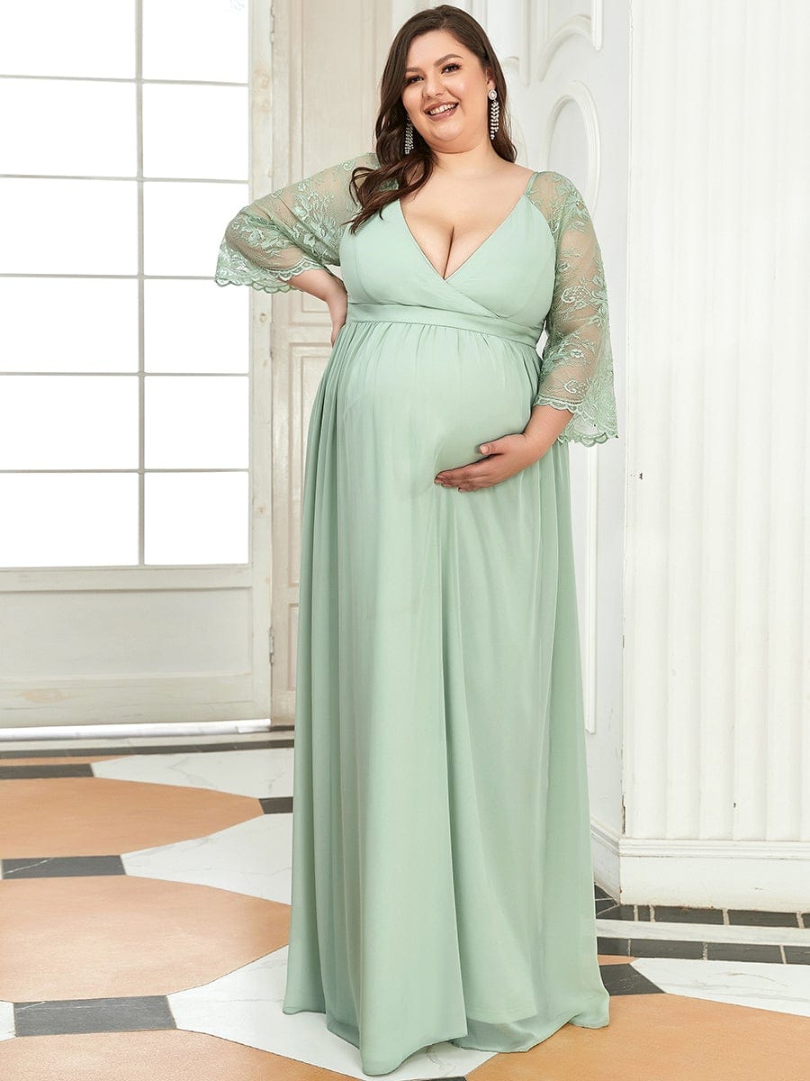 Plus Size V Neck Maternity Formal Dress with Sleeves #color_Mint Green
