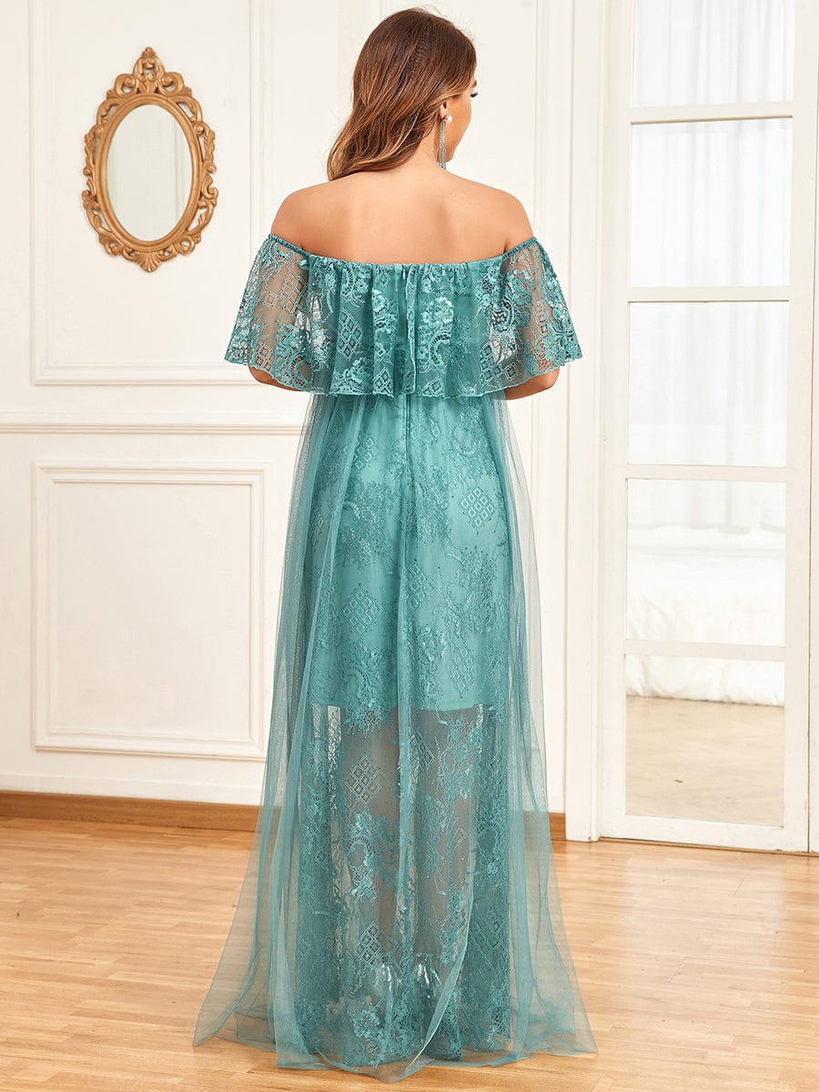 Empire Waist Vintage Floral Foldover Double-Layer Bump Friendly Dress #Color_Dusty Blue