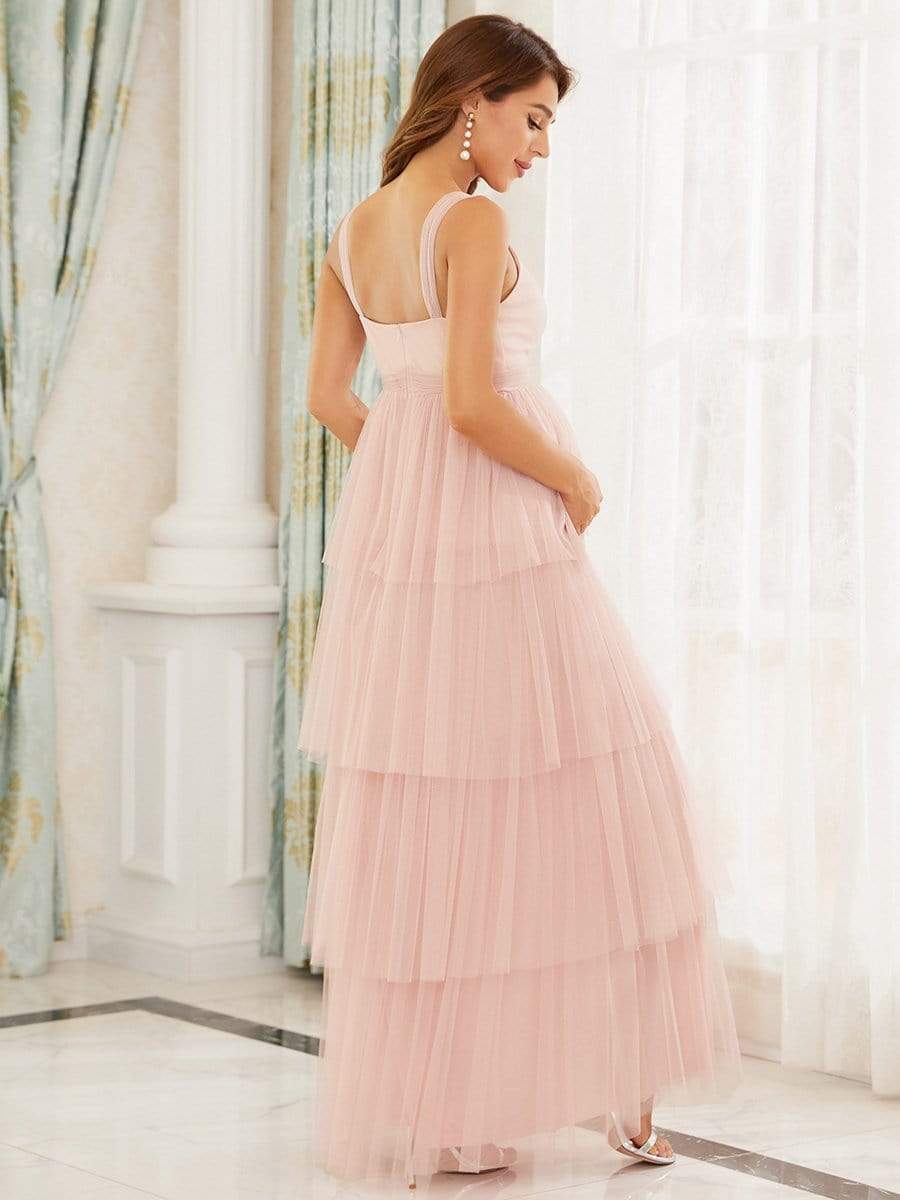 Tie Waist V-Neck Tiered Floor-length Maternity Dress #color_Pink