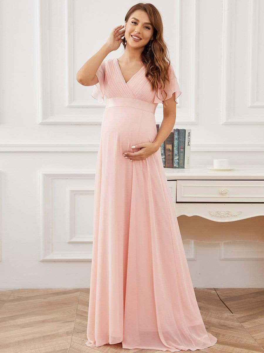 Ruched Bodice Flowy Chiffon Floor-Length Bump Friendly Dress with Sleeves #color_Pink