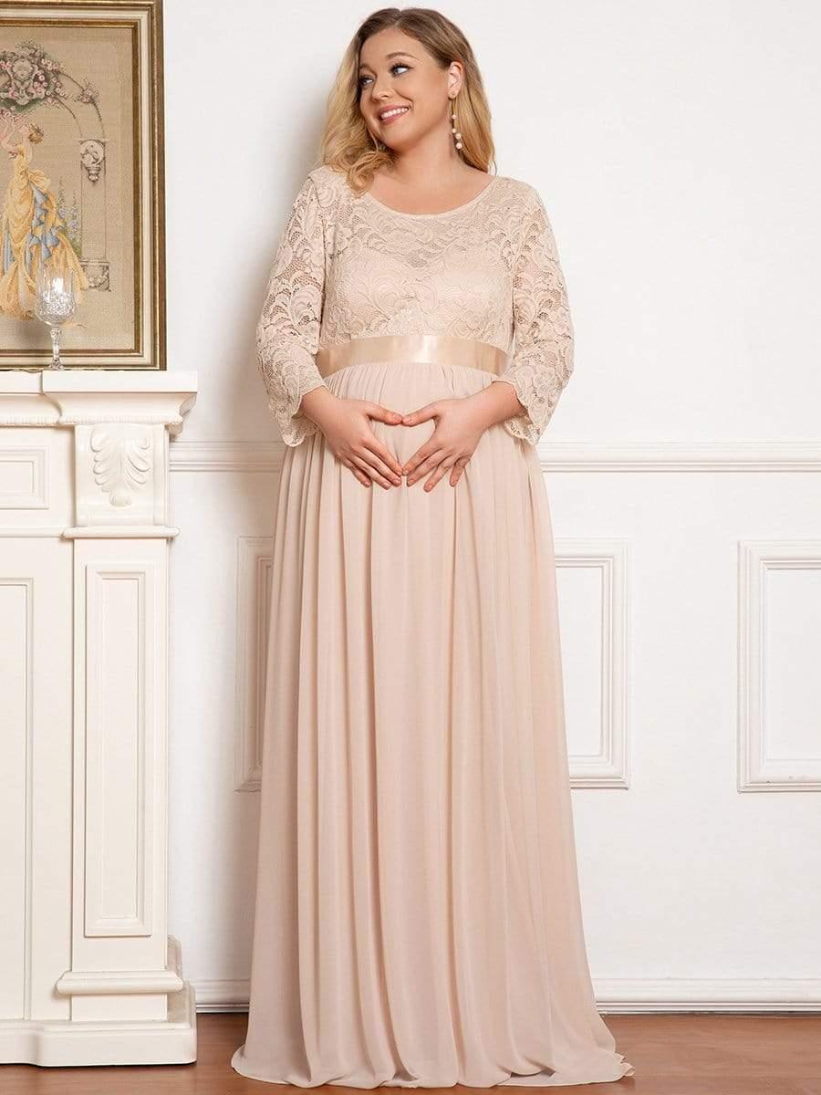 Plus Size Long Lace Sleeve Maternity Formal Dresses #color_Blush