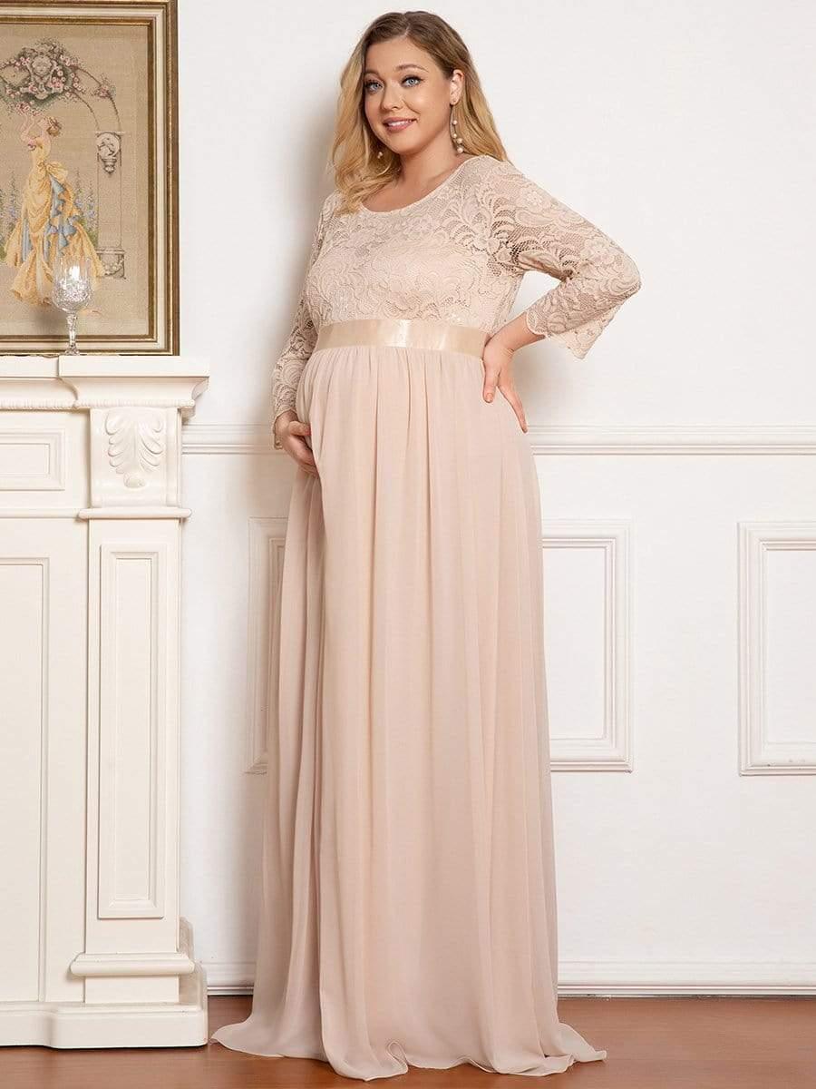 Plus Size Long Lace Sleeve Maternity Formal Dresses #color_Blush