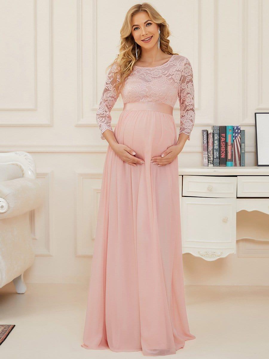 Sweetheart 3/4 Sleeve Floor-Length Lace Bump Friendly Dress #color_Pink