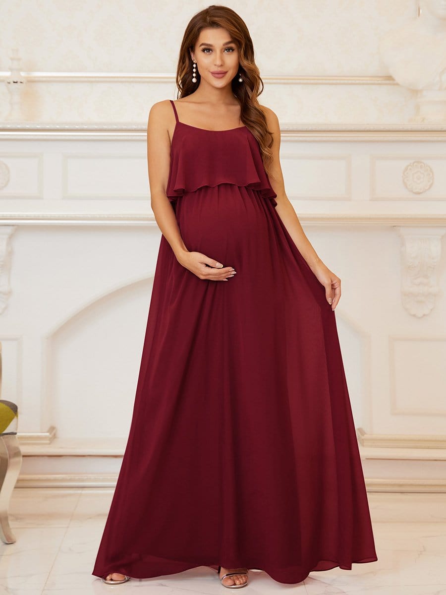 Ruffle Top Spaghetti Strap A-Line Maternity Dress #color_Burgundy Ruffle Top Spaghetti Strap A-Line Maternity Dress
