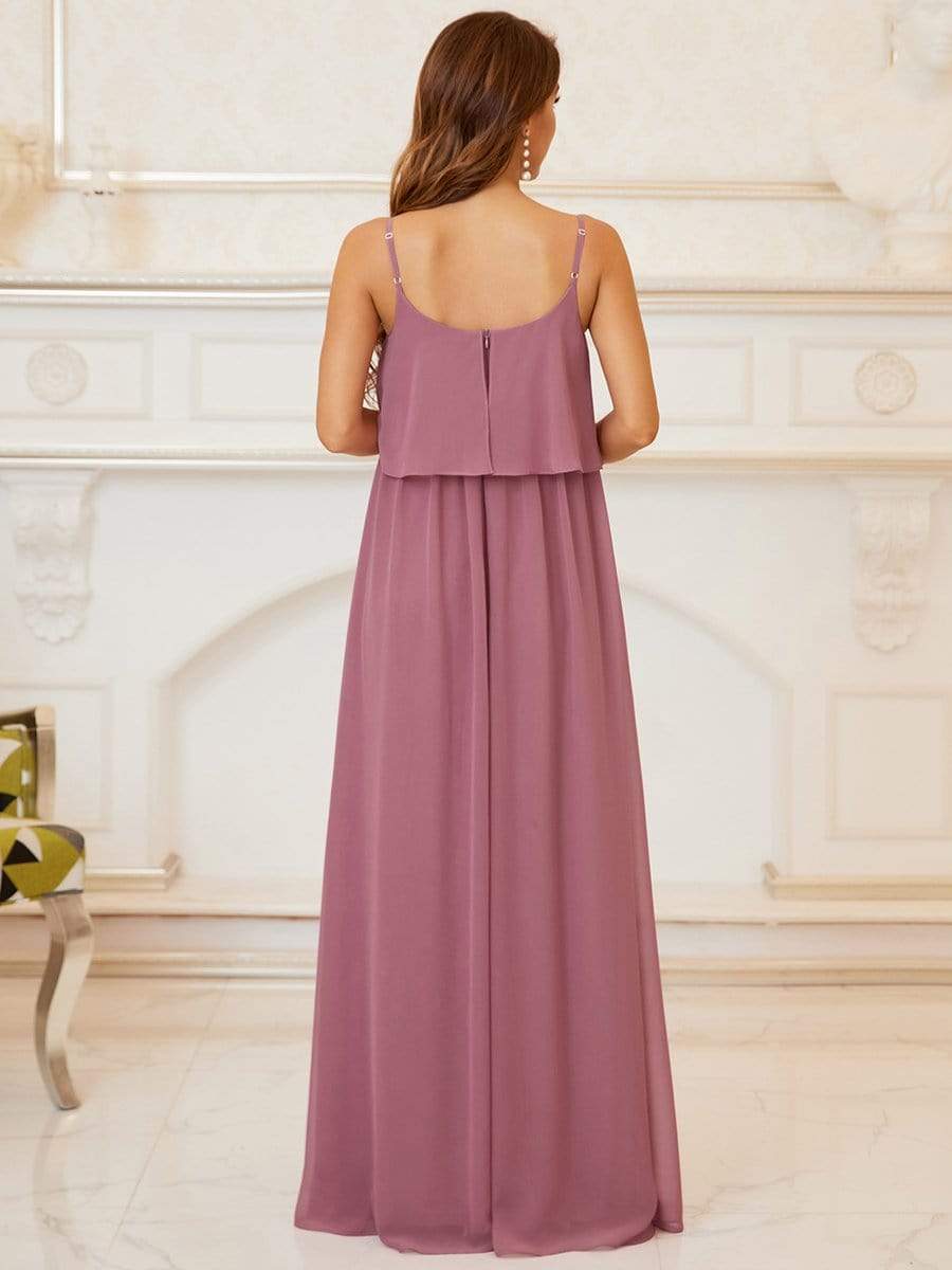 Ruffle Top Spaghetti Strap A-Line Maternity Dress #color_Burgundy Ruffle Top Spaghetti Strap A-Line Maternity Dress
