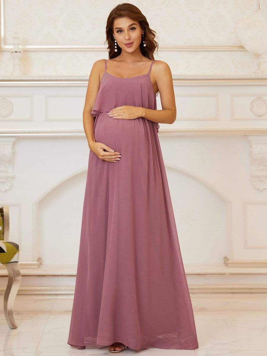 Ruffle Top Spaghetti Strap A-Line Maternity Dress #color_Burgundy Ruffle Top Spaghetti Strap A-Line Maternity Dress