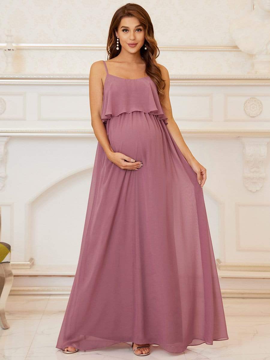 Ruffle Top Spaghetti Strap A-Line Maternity Dress #color_Burgundy Ruffle Top Spaghetti Strap A-Line Maternity Dress