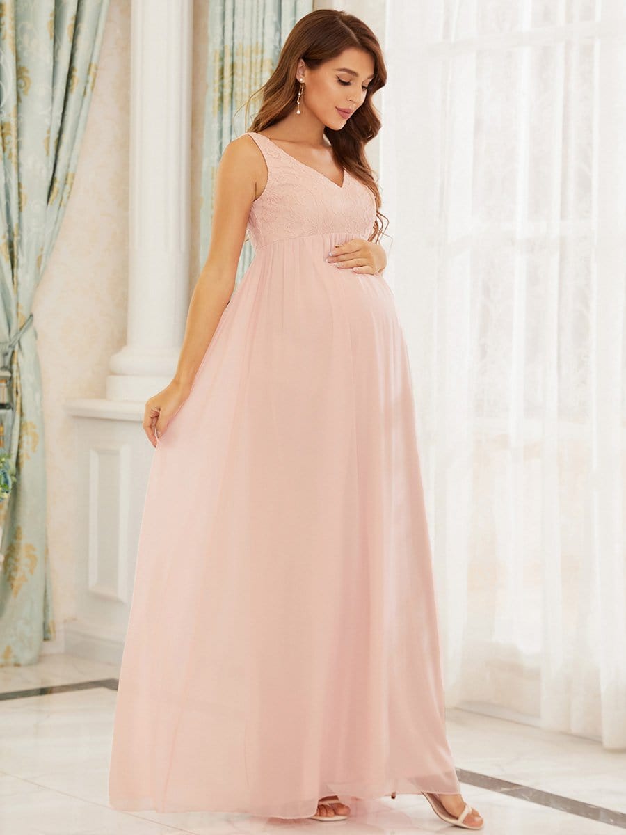 Color=Pink | V-Neck Lace Floor-Length A-Line Maternity Dress-Pink 1 Color=Pink | V-Neck Lace Floor-Length A-Line Maternity Dress-Pink 4