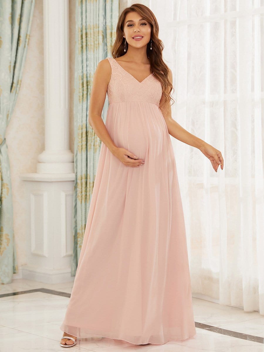 Color=Pink | V-Neck Lace Floor-Length A-Line Maternity Dress-Pink 1 Color=Pink | V-Neck Lace Floor-Length A-Line Maternity Dress-Pink 1