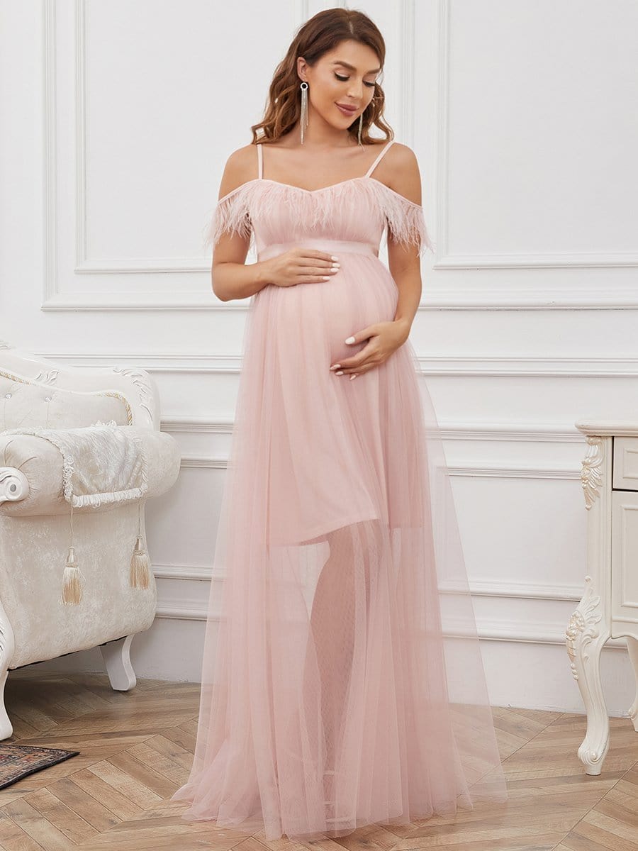Feather Trim Cold Shoulder Double Skirt Maternity Dress #color_Pink