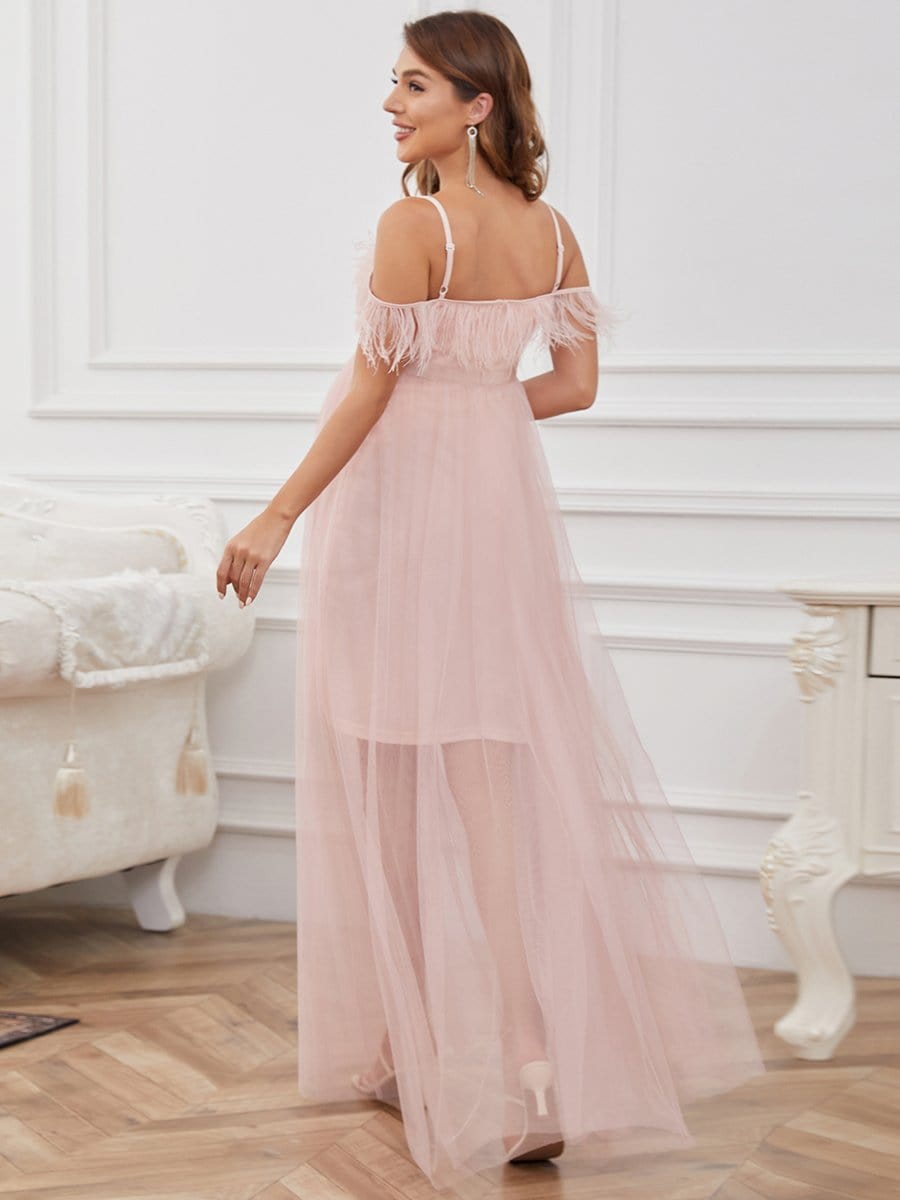Feather Trim Cold Shoulder Double Skirt Maternity Dress #color_Pink