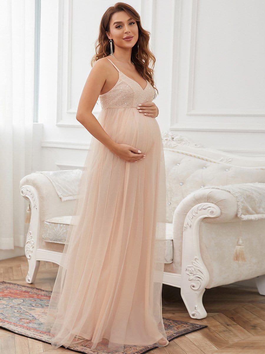 Color=Pink | Sequin Spaghetti Strap A-Line Tulle Formal Maternity Dress-Pink 1 Color=Pink | Sequin Spaghetti Strap A-Line Tulle Formal Maternity Dress-Pink 4