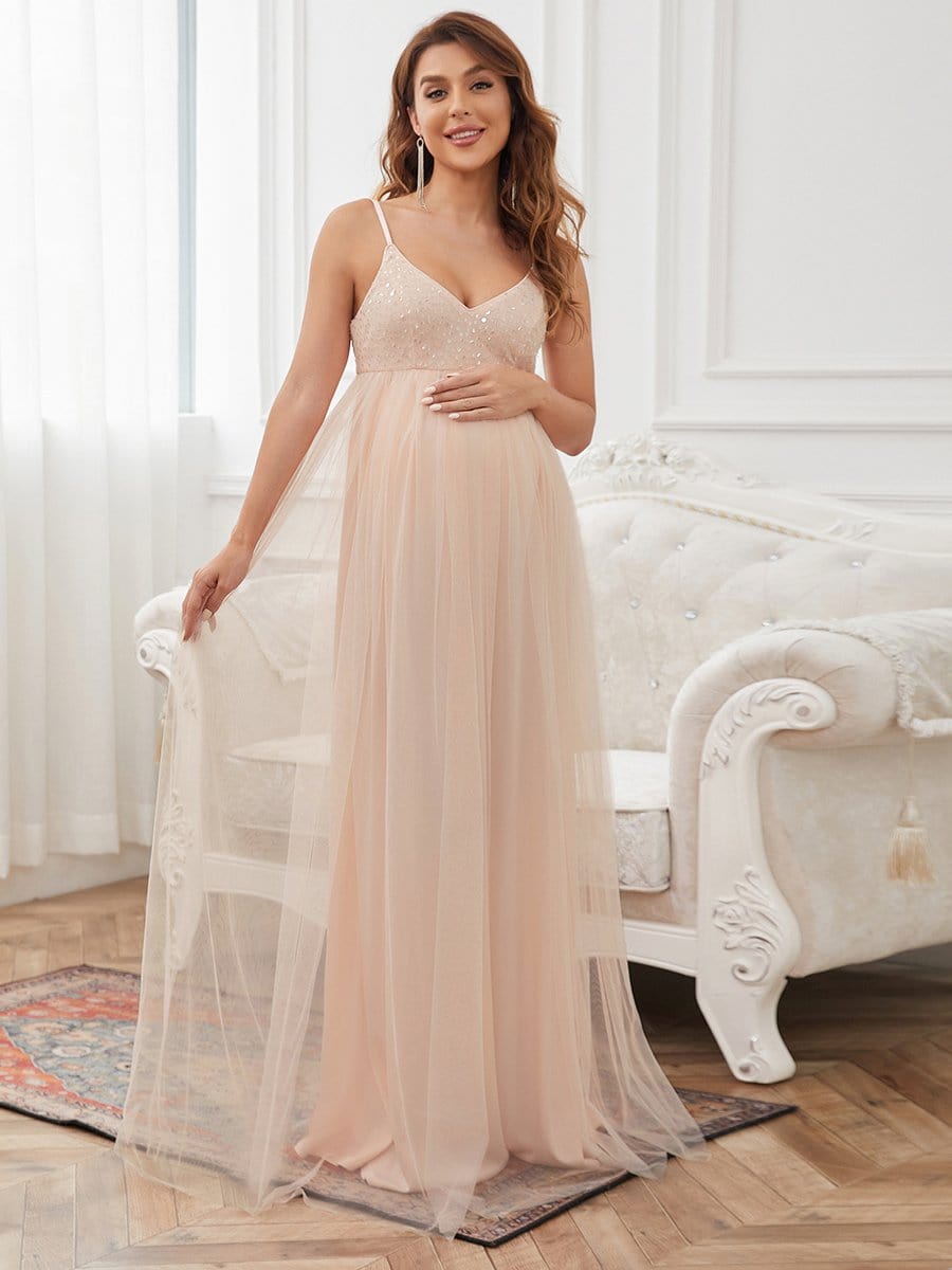 Color=Pink | Sequin Spaghetti Strap A-Line Tulle Formal Maternity Dress-Pink 1 Color=Pink | Sequin Spaghetti Strap A-Line Tulle Formal Maternity Dress-Pink 5