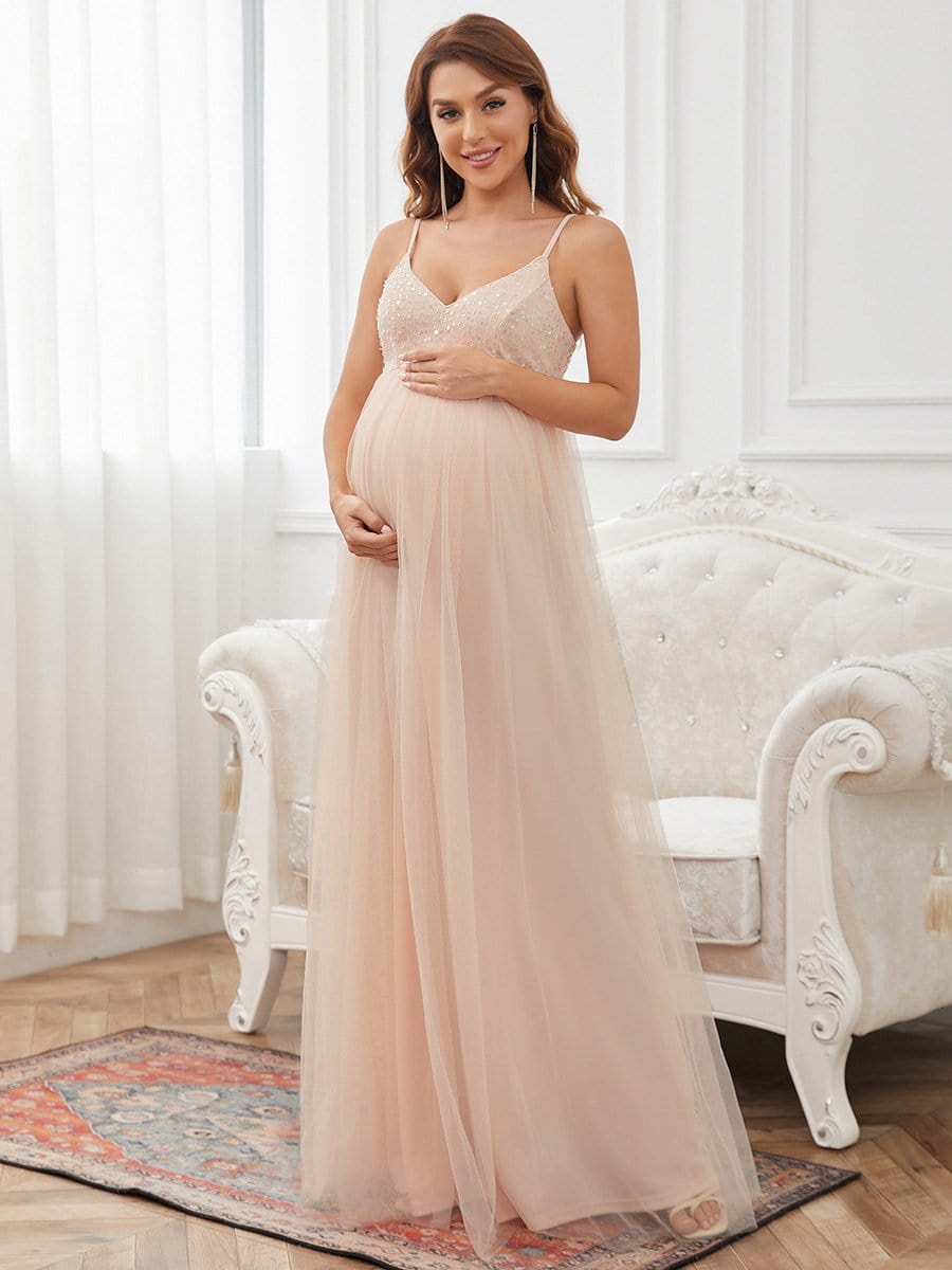 Color=Pink | Sequin Spaghetti Strap A-Line Tulle Formal Maternity Dress-Pink 1 Color=Pink | Sequin Spaghetti Strap A-Line Tulle Formal Maternity Dress-Pink 1
