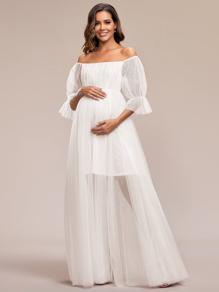 Sheer Off-Shoulder Double Skirt Maxi Maternity Dress