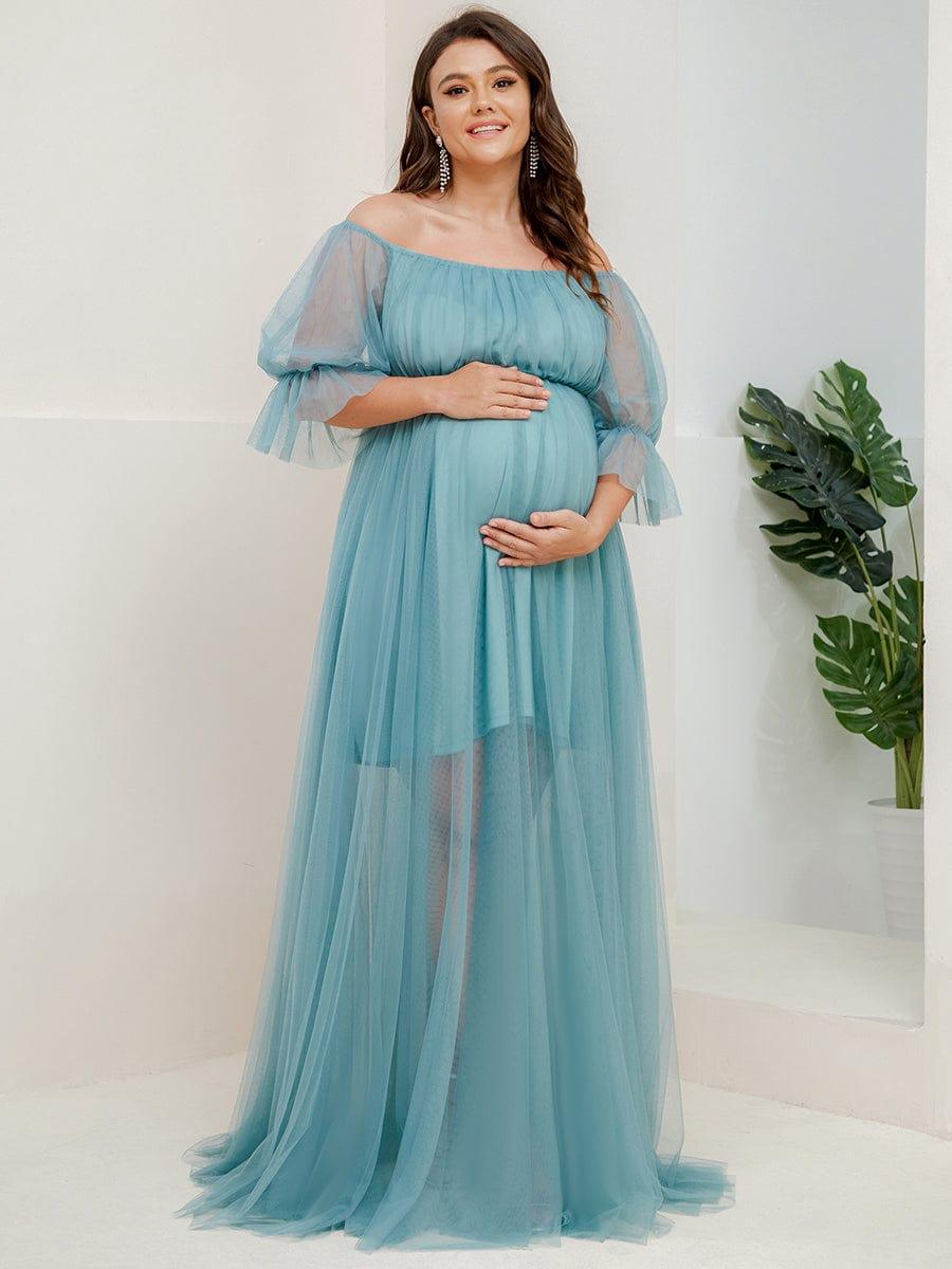 Plus Size Off-Shoulder Tulle Double Skirt Maxi Maternity Dress #color_Light Teal