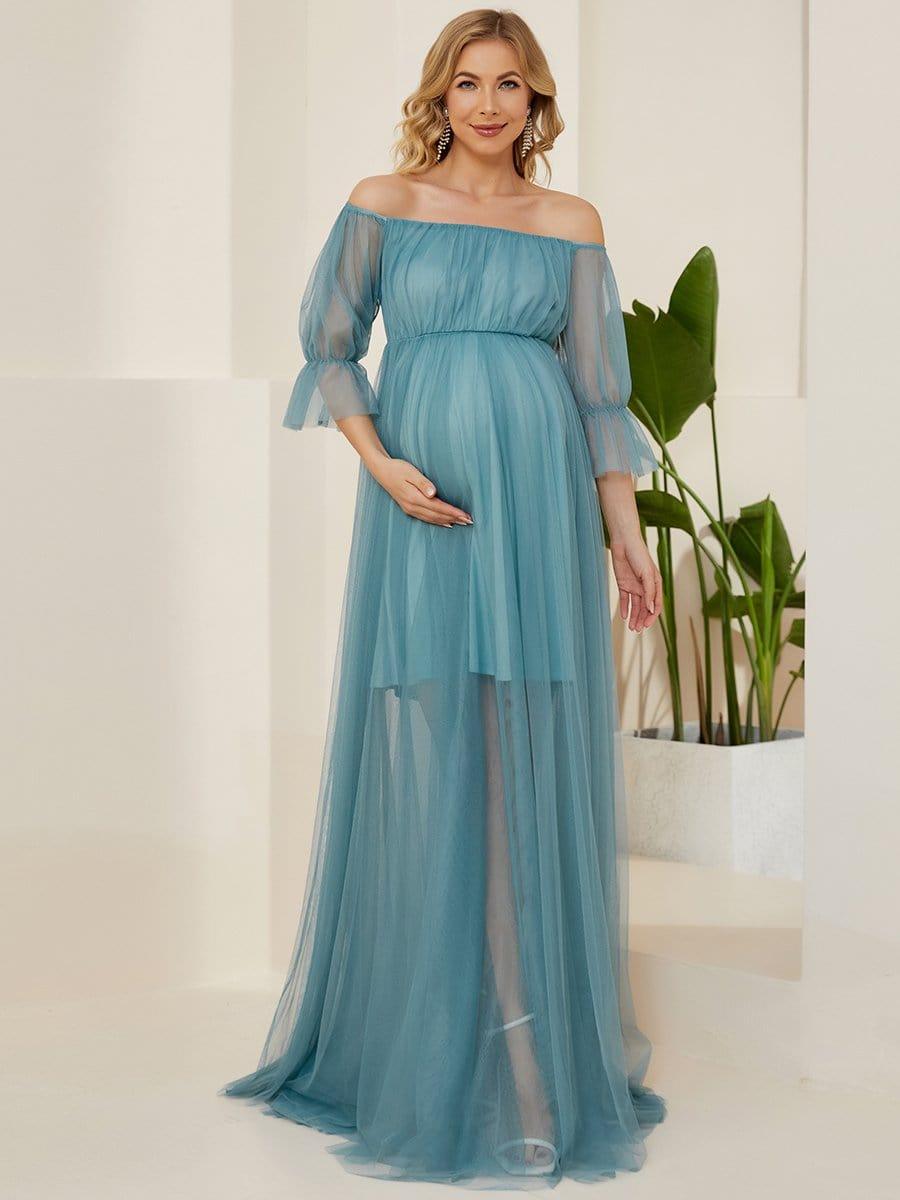 Sheer Off-Shoulder Double Skirt Maxi Maternity Dress #color_Light Teal