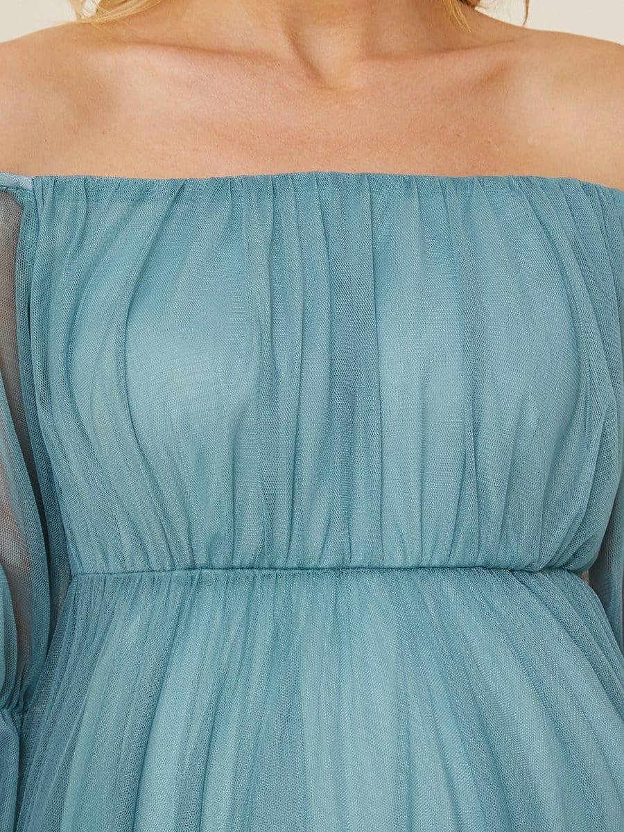 Sheer Off-Shoulder Double Skirt Maxi Maternity Dress #color_Light Teal