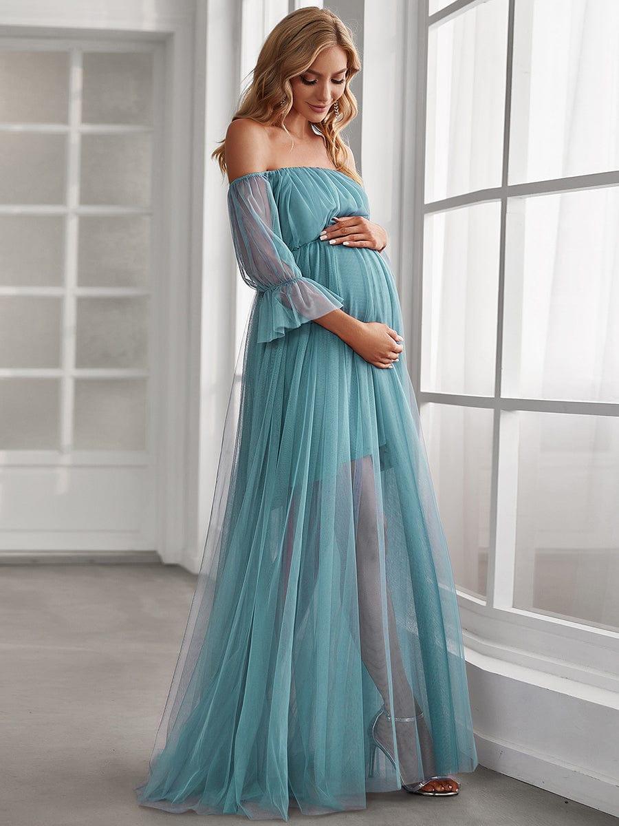 Sheer Off-Shoulder Double Skirt Maxi Maternity Dress #color_Light Teal