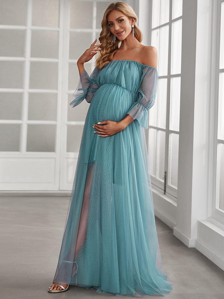 Sheer Off-Shoulder Double Skirt Maxi Maternity Dress #color_Light Teal